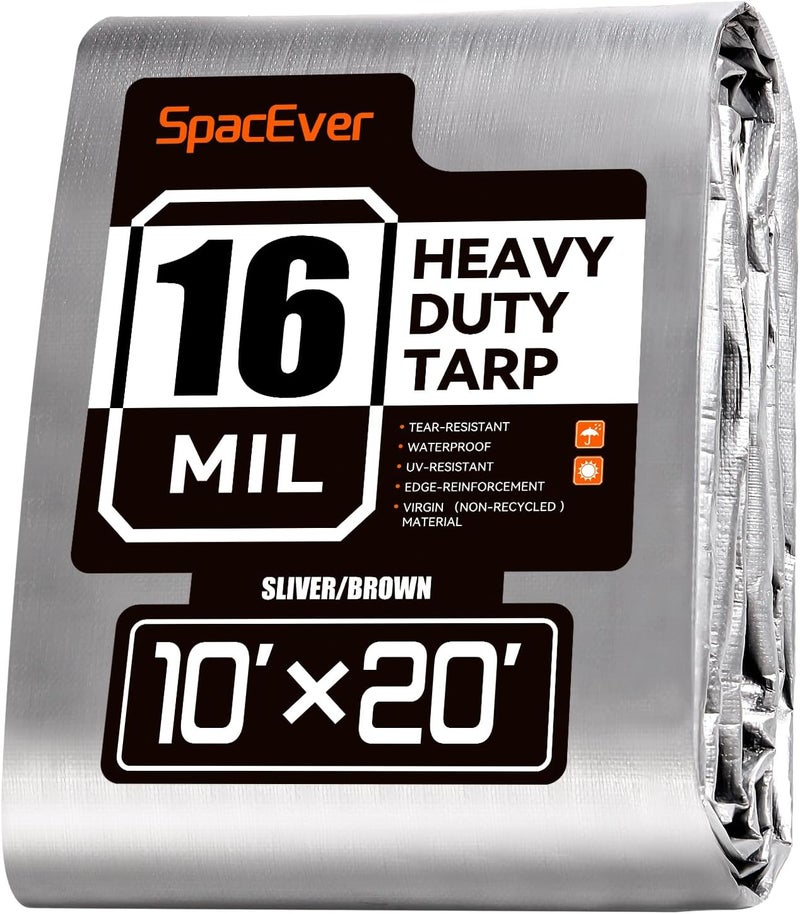 SpacEver غطاء مقاوم للماء 10x20 قدم، أغطية ثقيلة 16 مل متعددة الاستخدامات مقاومة للماء مع حلقات قابلة للعكس للاستخدام المنزلي والقوارب والسيارات والتخييم - Image 1